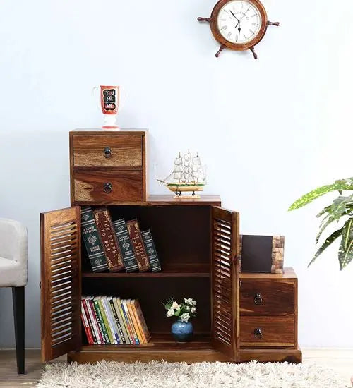 Two door and Four drawer Step by step cabinet made in solid sheesham wood in provincial teak finish.