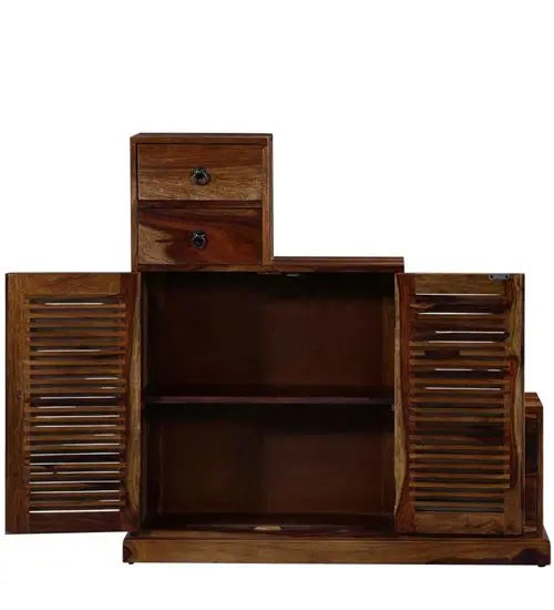 Two door and Four drawer Step by step cabinet made in solid wood in provincial teak finish.