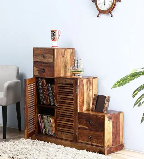 Two door and Four drawer Step by step cabinet made in sheesham wood in provincial teak finish.