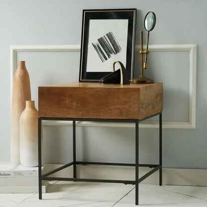One Drawer Swee End Table Made in Solid Mango Wood and Metal Frame. 