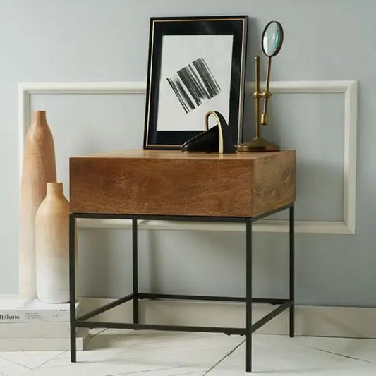 One Drawer Swee End Table Made in Solid Mango Wood and Metal Frame. 