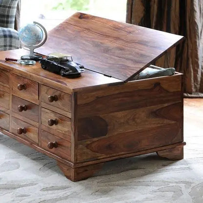 Solid sheesham wood Nine drawer  and one half open Nona themeline coffee Table. 