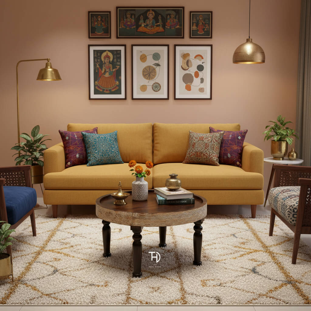 Round Mango wood trendy ringbud coffee table with intricate carvings and curved legs. 