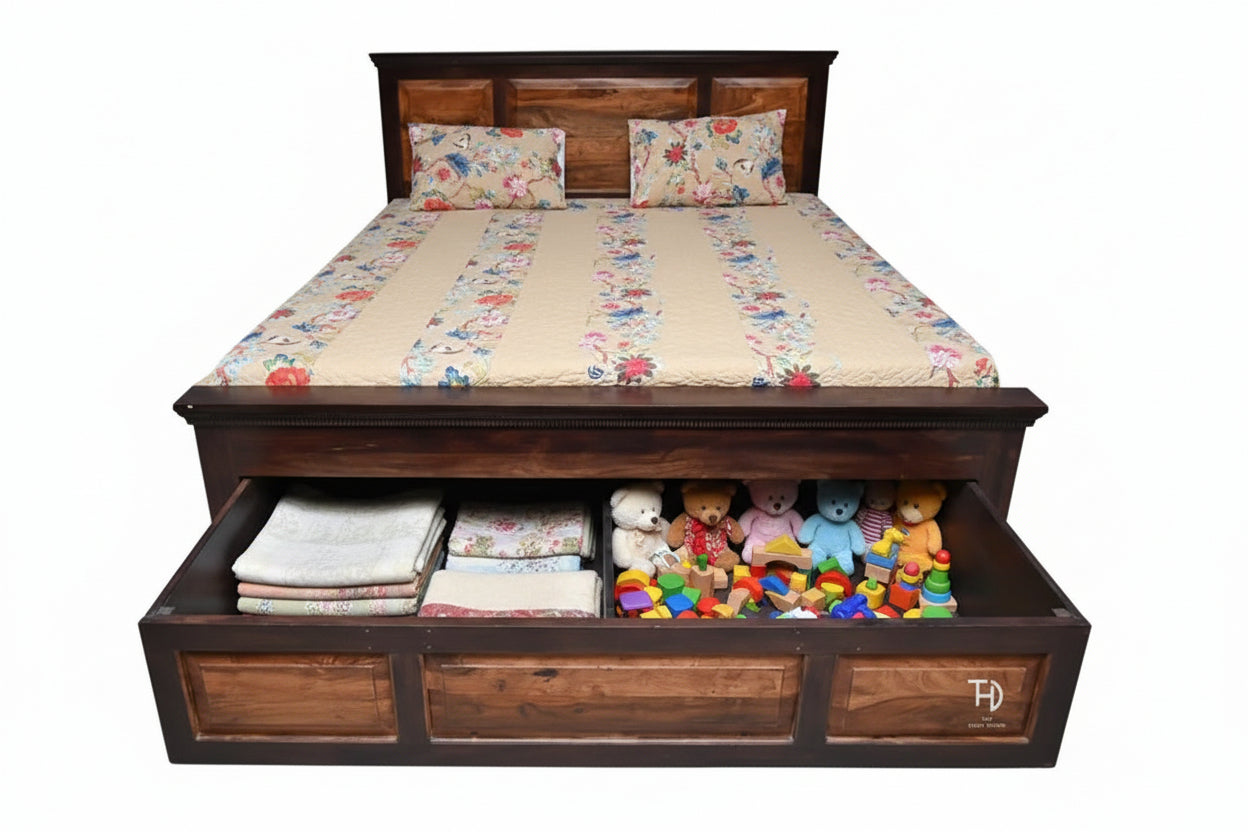 A king size bed with a wooden frame and storage drawers beneath, showcasing a plain yet sturdy design.