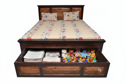 A king size bed with a wooden frame and storage drawers beneath, showcasing a plain yet sturdy design.