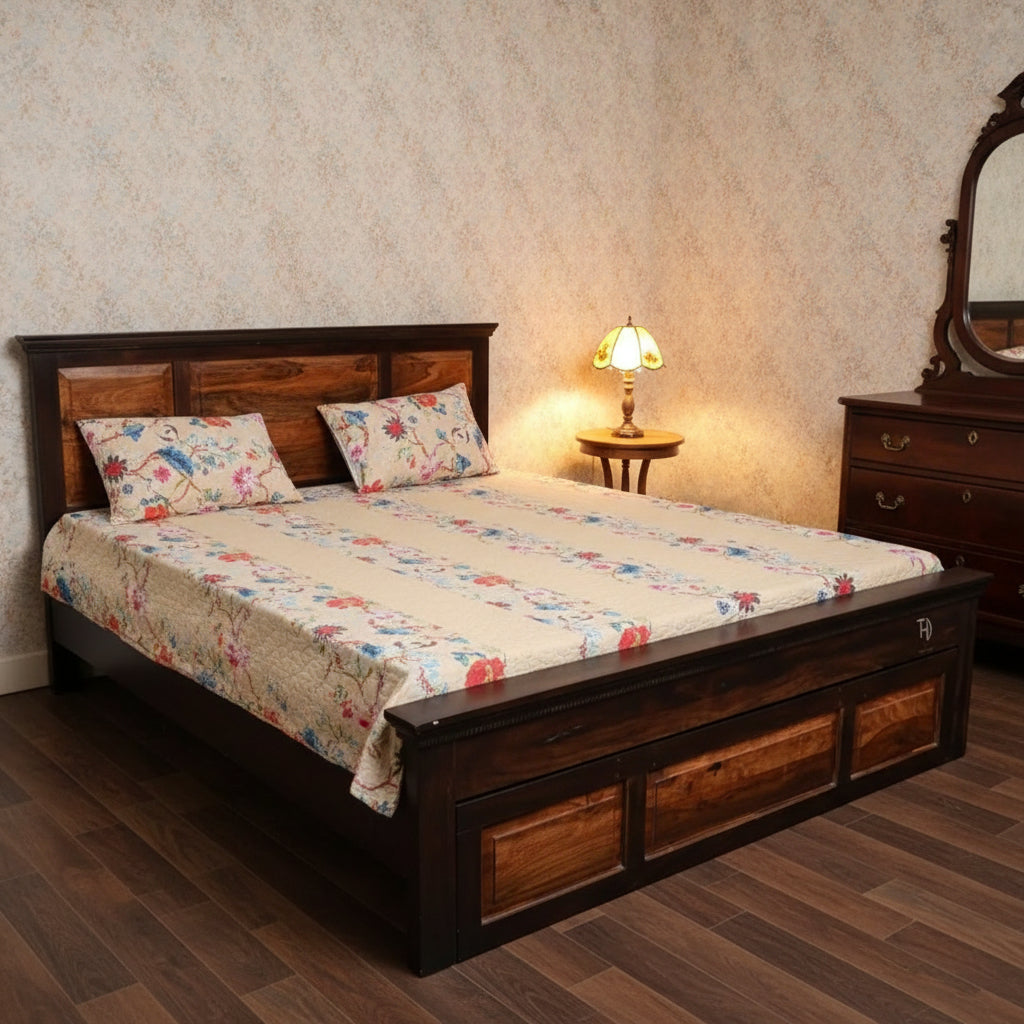 Three Panel front drawer Traditional design storage bed in duel tone finish.  