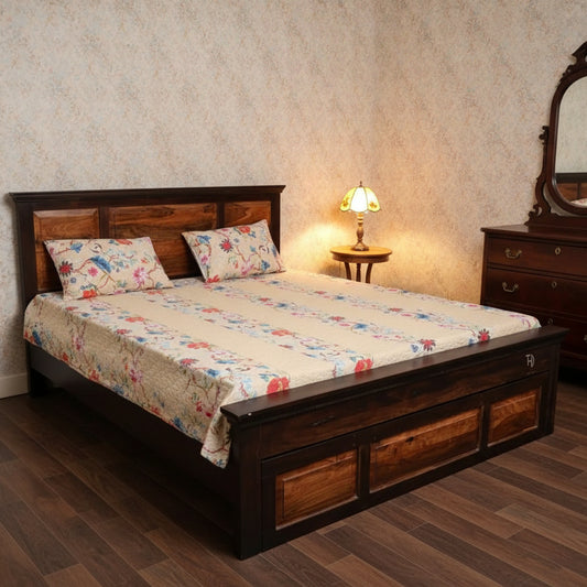 Three Panel front drawer Traditional design storage bed in duel tone finish.  