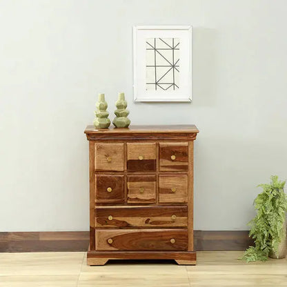 Vintage Chest made of Sheesham wood with multiple drawers, featuring metal handles and a natural wood finish.