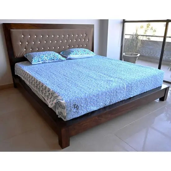 Solid Sheesham wood Upholstery headboard Without Storage Tufted King Bed in walnut finish. 