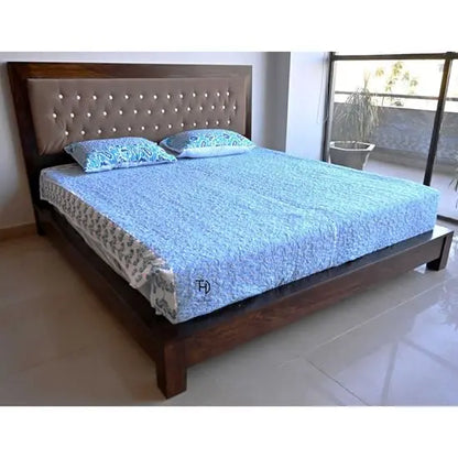 Solid Sheesham wood Upholstery headboard Without Storage Tufted King Bed in walnut finish. 