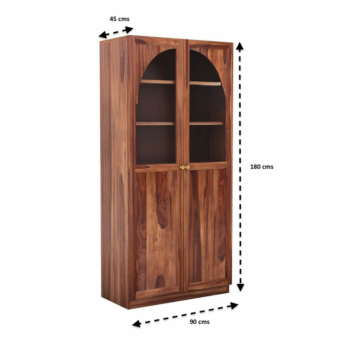 A wooden cabinet with two upper glass-paneled doors and lower solid doors.