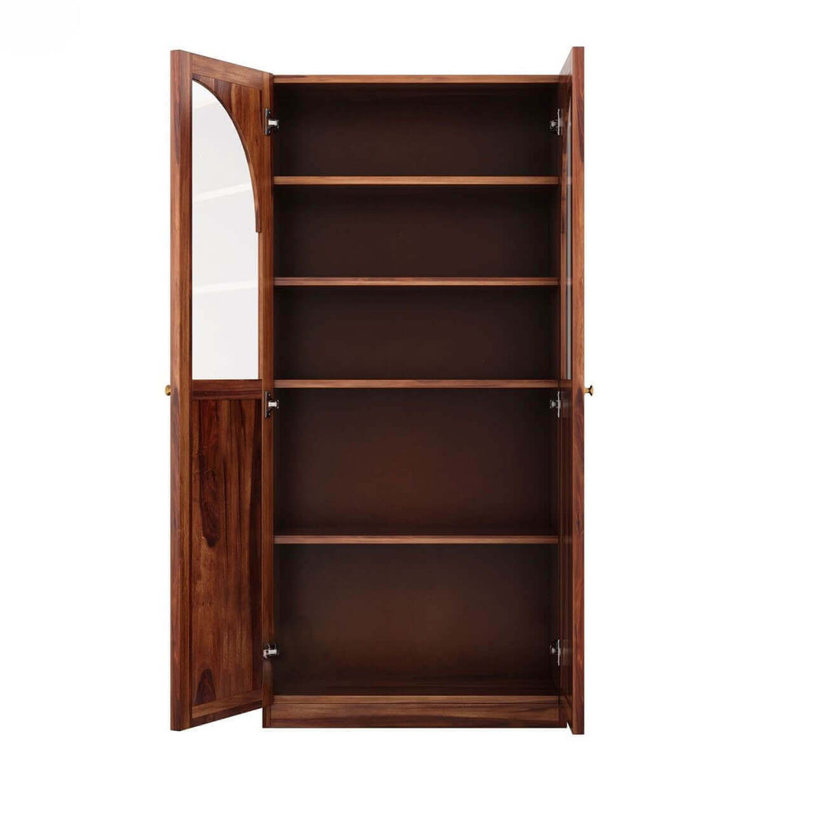 A tall bookcase with two glass-front upper doors and solid lower doors Made in solid sheesham wood. 