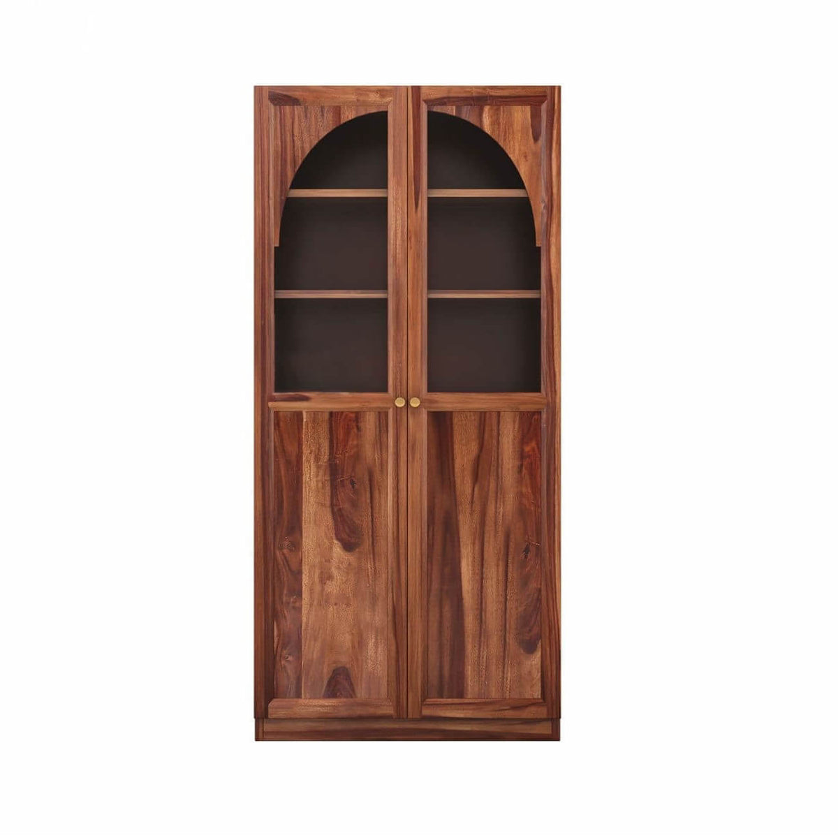 A tall solid sheesham wood bookcase with two glass-front upper doors and solid lower doors.