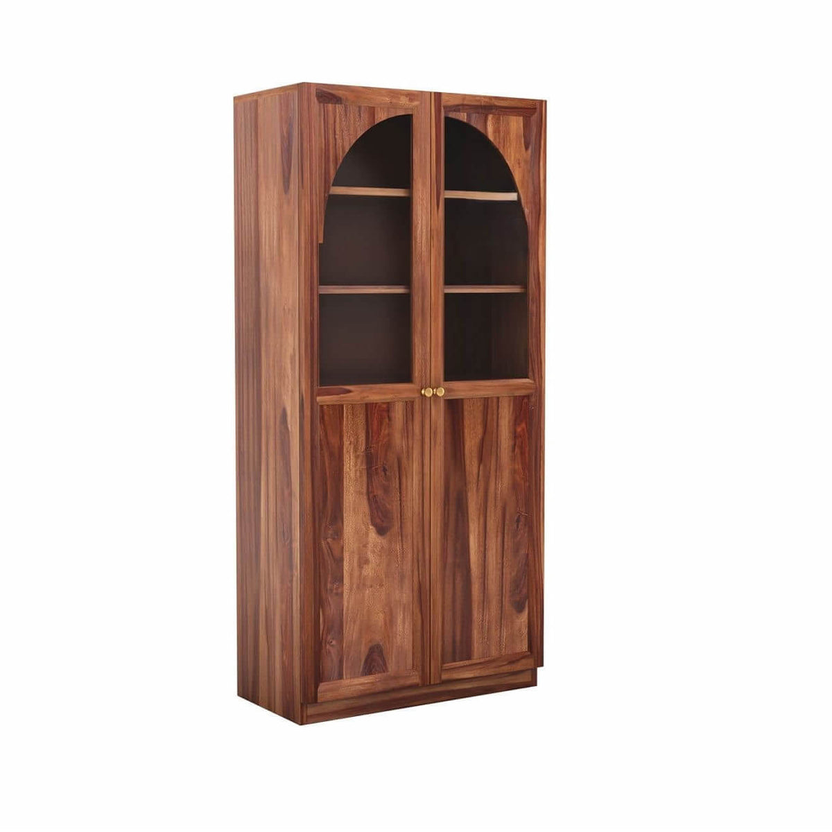 A tall sheesham wood bookcase with two glass-front upper doors and solid lower doors.