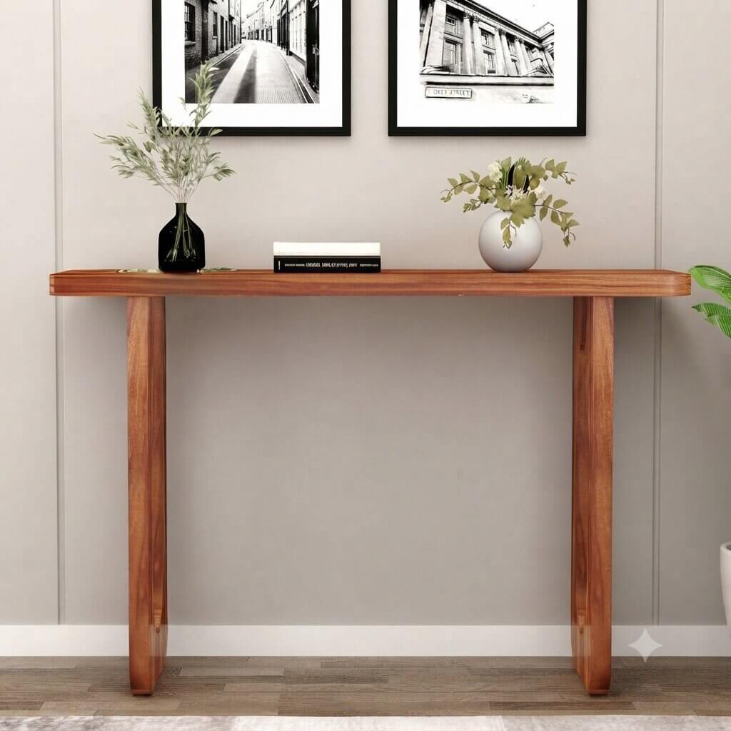A modern wooden console table with a warm medium-brown finish, featuring oval cutout legs.