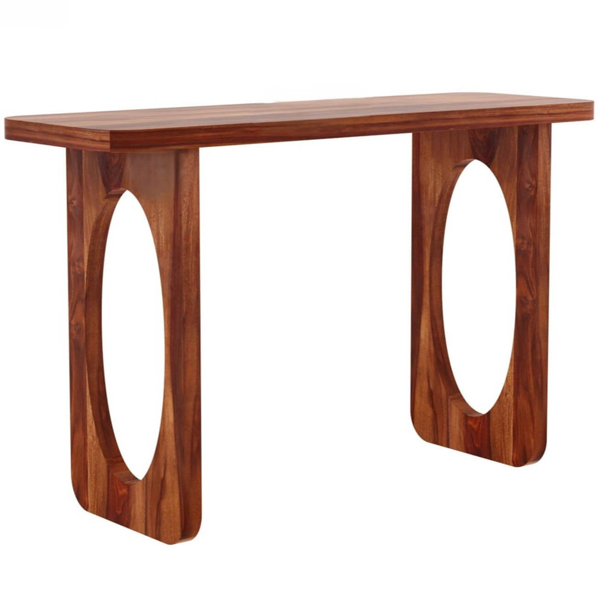 A modern wooden console table with a warm reddish-brown finish, featuring two oval cutout legs.