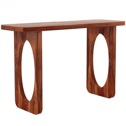 A modern wooden console table with a warm reddish-brown finish, featuring two oval cutout legs.
