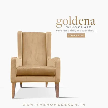 A cream velvet wing chair with a strong sheesham structure, featuring a high back and winged armrests.