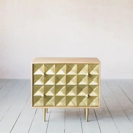Solid wood two drawer Venice bedside table with Cone design knockdown metal legs.  