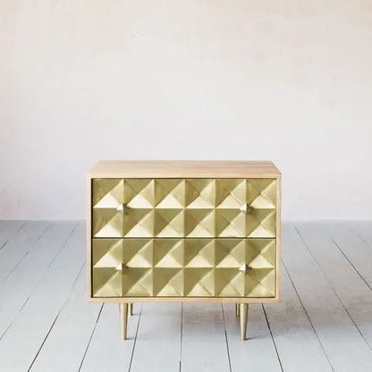 Solid wood two drawer Venice bedside table with Cone design knockdown metal legs.  