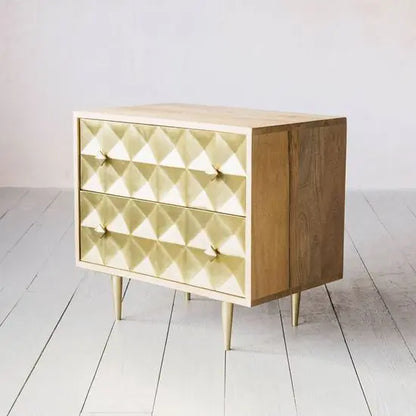 Mango wood two drawer Venice bedside table with Cone design knockdown metal legs.  