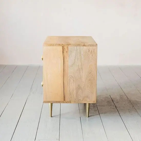 Solid mango wood two drawer Venice bedside table with Cone design knockdown metal legs.  