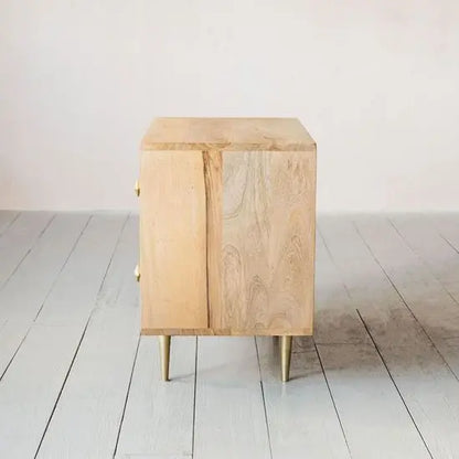 Solid mango wood two drawer Venice bedside table with Cone design knockdown metal legs.  