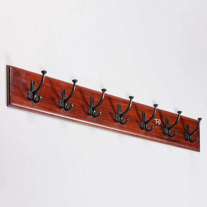 Wooden wall hook rack with black hooks Vintage seven wall hook. 