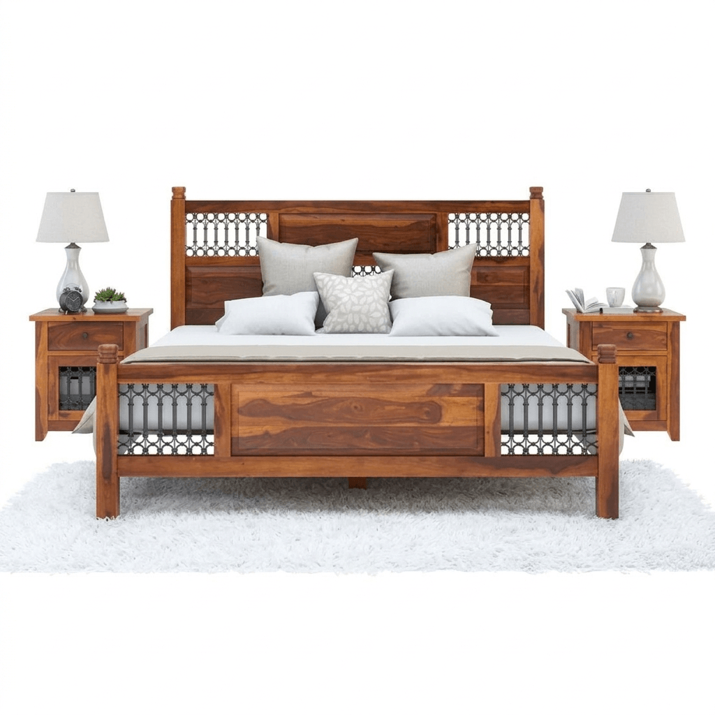 A vintage wooden bed frame with a headboard and footboard.
