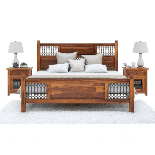 A vintage wooden bed frame with a headboard and footboard.