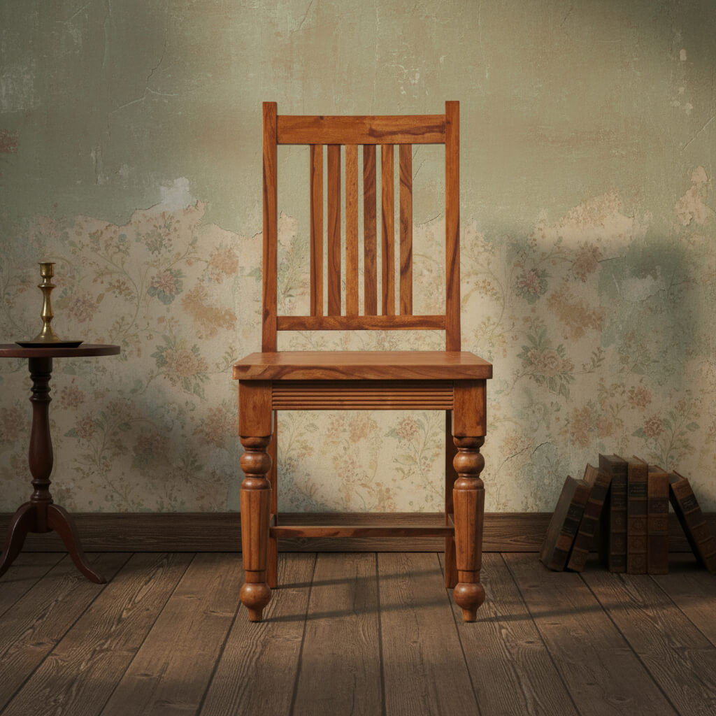 A single vintage wooden chair with a vertical slatted backrest and a flat seat.