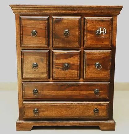 Solid wood eight drawer vintage chest of drawer with elegant fitting on drawers.  