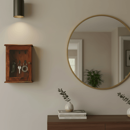 A wooden key hanger with nine holes for hanging keys, featuring a brown finish and a knob on the door.