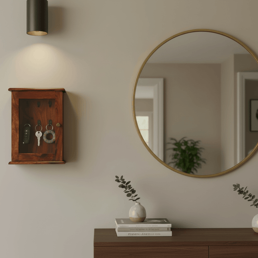 A wooden key hanger with nine holes for hanging keys, featuring a brown finish and a knob on the door.