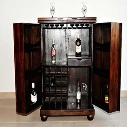 Wooden Two Door Vintage Brass Bar Cabinet. 