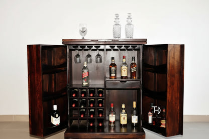 Solid Sheesham Wood Two Door  Vintage Brass Bar Cabinet. 