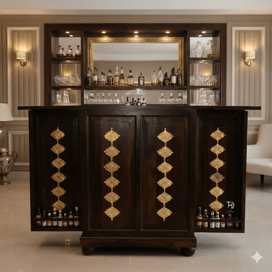 Solid Wood Two Door and One Drawer inside Vintage Brass Bar Cabinet. 