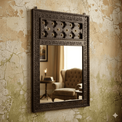 A vintage style mirror frame made of wood with brass work, walnut color.
