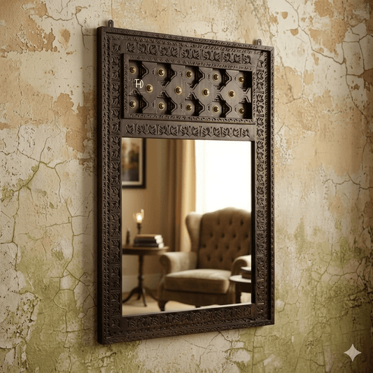 A vintage style mirror frame made of wood with brass work, walnut color.