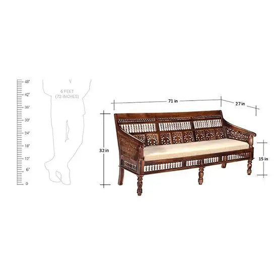 A three-seater vintage sofa made in Solid wood in natural finish with cream velvet fabric. 