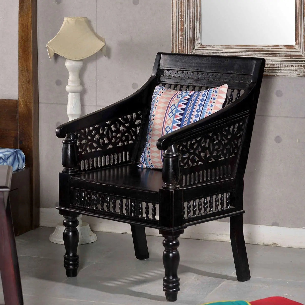 Solid Sheesham Wood Vintage single seater chair in Black finish. 