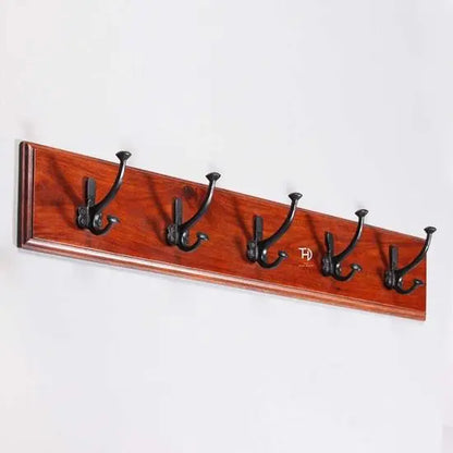 Solid sheesham wood and five hook Vintage wall hooks in honey finish.
