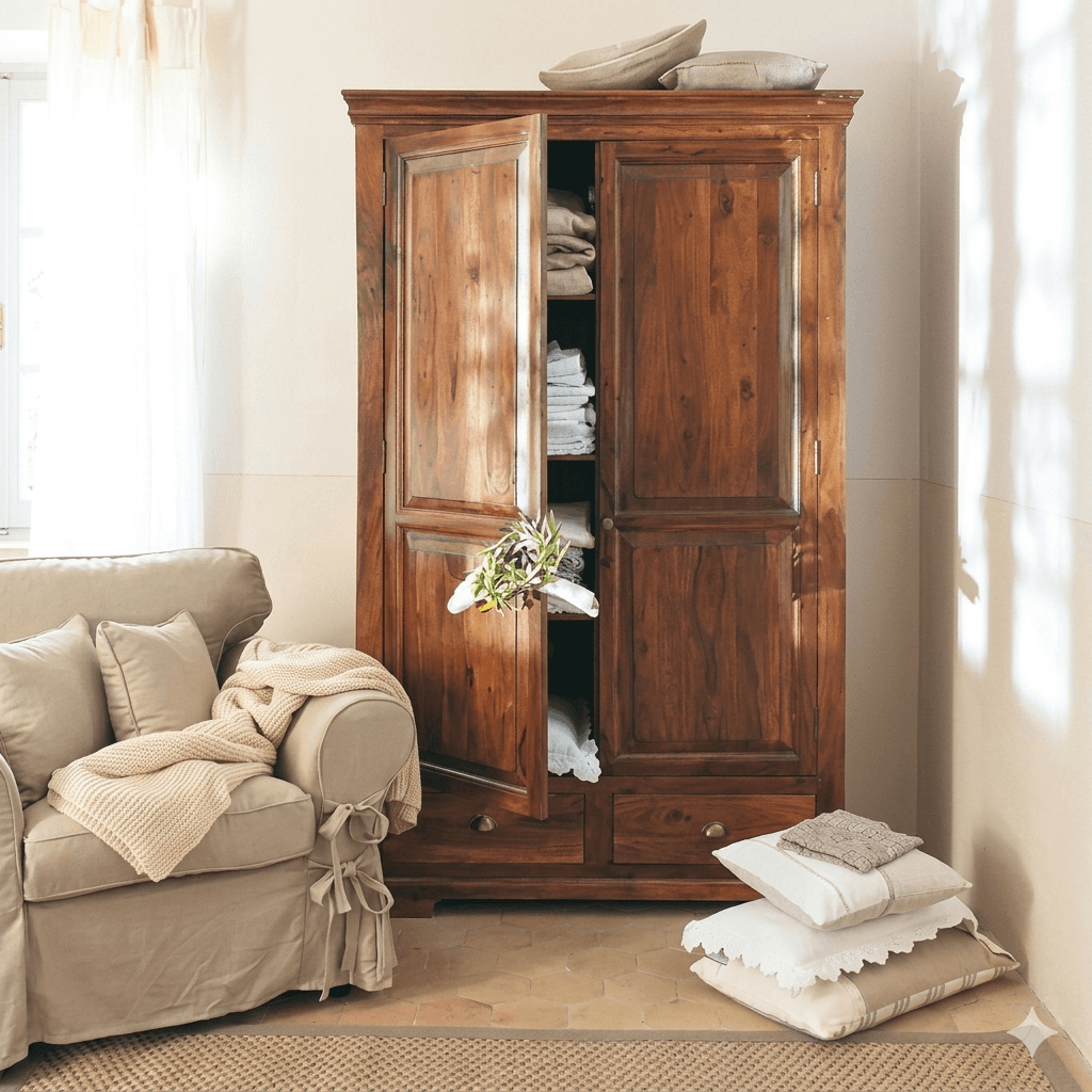 A vintage wooden wardrobe with two doors and drawers. The wardrobe is open, revealing hanging clothes and storage space.