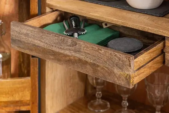 Wooden and Metal Frame Mango Wood Two Door Wave Bar Cabinet Natural. 