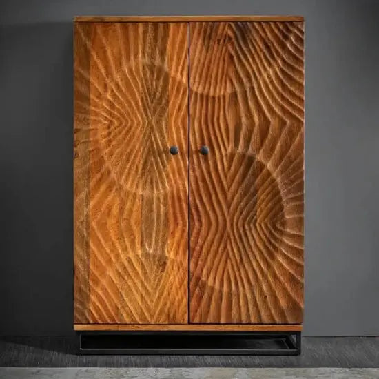 Two Door Wave Bar Cabinet Natural Made in Mango Wood and Metal Frame.  