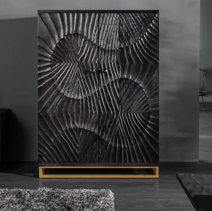 Solid Mango Wood and Metal Two Door  Wave Bar Cabinet Black. 