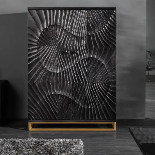 Solid Mango Wood and Metal Two Door  Wave Bar Cabinet Black. 