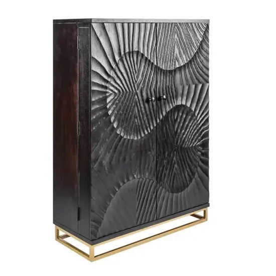 Two Door Wave Bar Cabinet Black Made in Mango Wood and Metal Frame. 