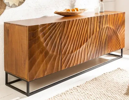 Mango wood and metal frame intricate carvings design four door wave long buffet.