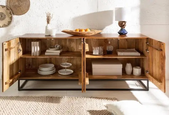 Intricate carvings design four door wave long buffet made in Solid mango wood and metal frame.